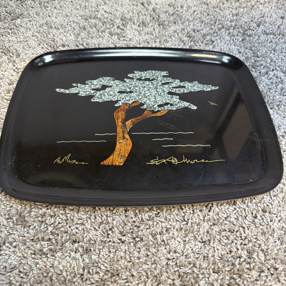 Vintage Couroc Monterey Cypress Tree Serving Tray Wood Inlaid Black MCM 12.5"